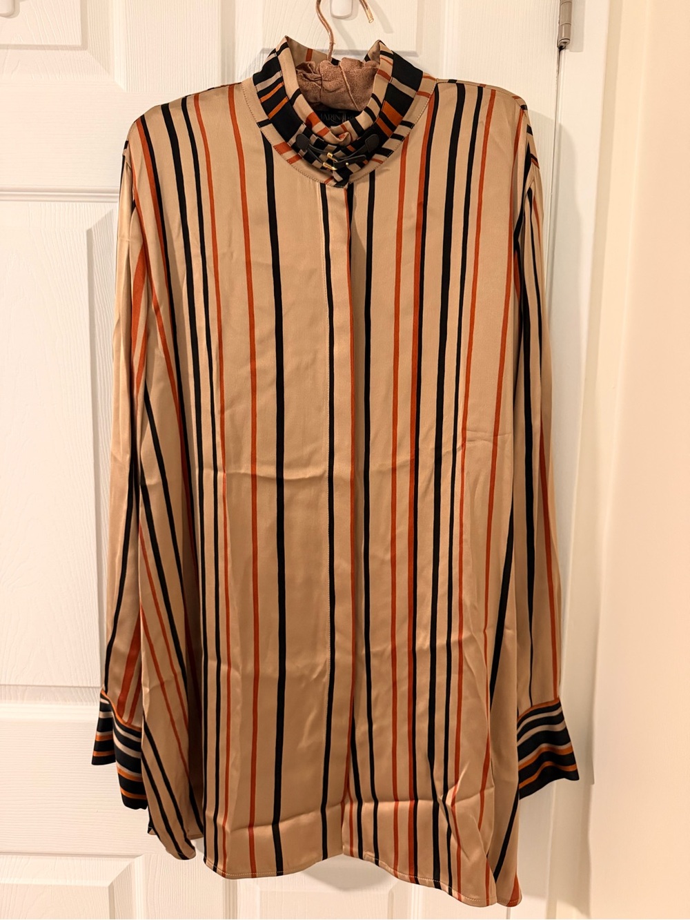 Marina Rinaldi 100% Viscose Beige Striped High-Neck Blouse